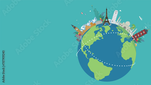 世界遺産と地球で飾られた旅行の広告背景テンプレート（青）　Travel ad background template decorated with world heritage sites and earth (blue)