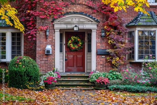 Red brick house with seasonal wreath bay windows colorful foliage
