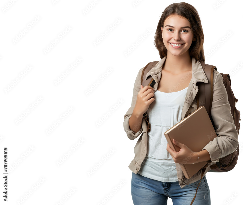 Student woman standing with a backpack, holding a book Student woman standing with a backpack, holding a book