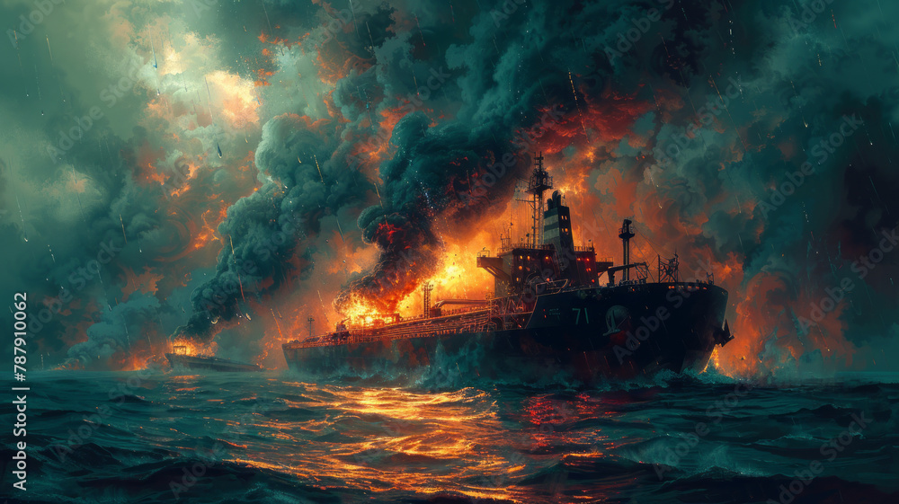 Marine accident - Illustration Oil Tanker, Ship - Water Vessel, Fire, Smoke, Vector Graphic,generative ai