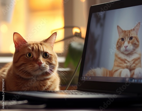 Cute ginger cat sitting next to laptop and screen of cat