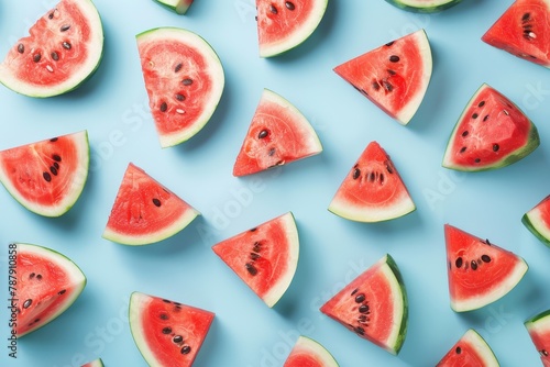 Red watermelon on blue background in flat lay style with copy space representing summer