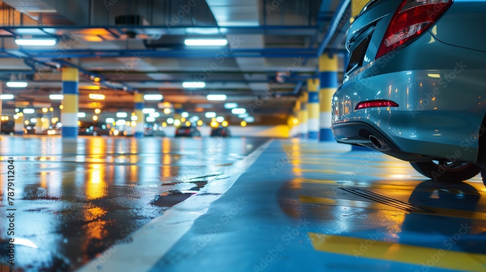 Shiny Sedan in Neon-Lit Underground Garage Shiny Sedan in Neon-Lit Underground Garage