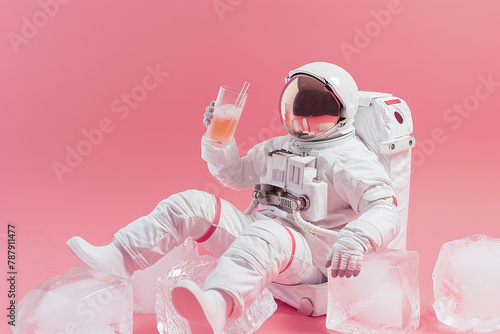 AI generated image, Concept photo of an astronaut sitting on ice cube holding a glass of refreshing drink on pink color background, relaxing photo