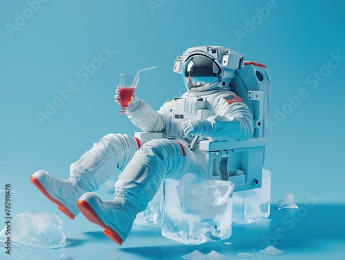 AI generated image, Concept photo of an astronaut sitting on ice cube holding a glass of refreshing drink on blue color background, relaxing