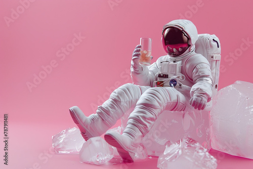 AI generated image, Concept photo of an astronaut sitting on ice cube holding a glass of refreshing drink on pink color background, relaxing