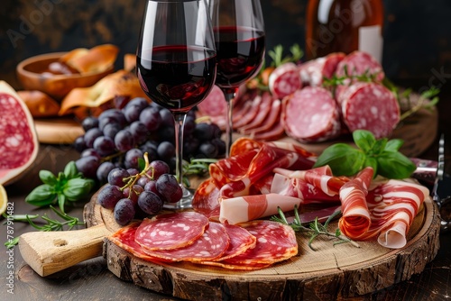 Red wine with assorted cured meats in the background