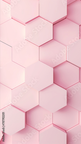A vertical design featuring pink hexagonal shapes in an abstract pattern.