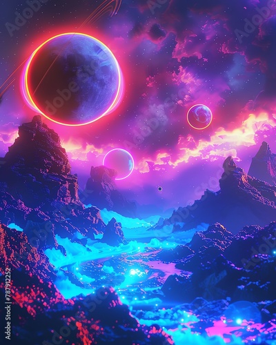 Illustrate a surreal galaxy wonderland in a tilted angle view, blending neon lights with cosmic elements Utilize digital rendering techniques to create a mesmerizing scene filled with fantasy and intr