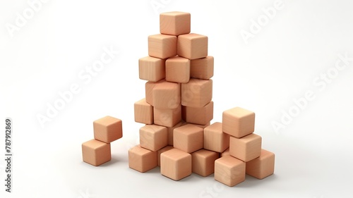 Pyramid of wooden cubes on a white background.