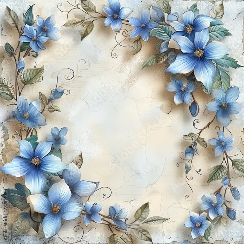 A blue floral pattern on a beige background with a paper-like texture.