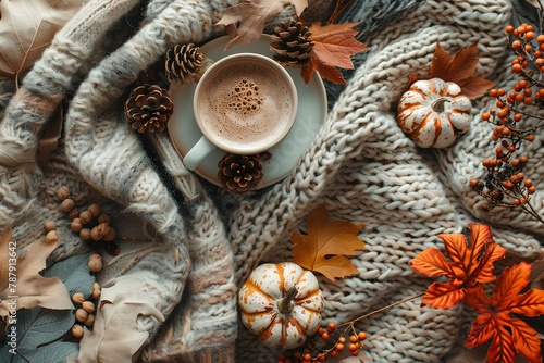 A cup of coffee on a plate surrounded by autumn leaves and pine cones and a blanket with a pattern