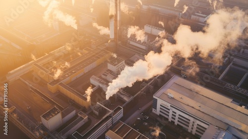  Aerial view of an industrial plant's complex infrastructure with smokestacks emitting steam at sunrise, casting a warm glow