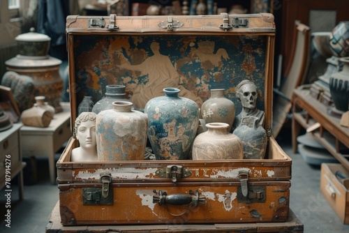 antiker Koffer voll mit antiken Gegenst??nden photo