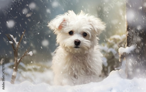 Cute Maltese puppy playing in the snow with snowflakes