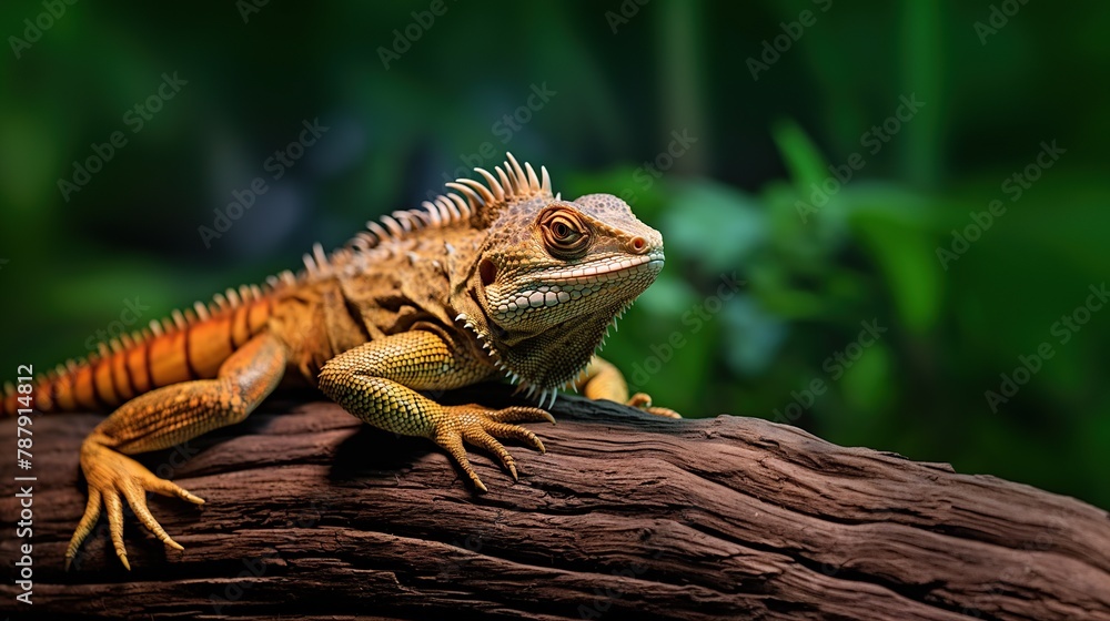 Obraz premium Close up of a bearded dragon sitting on a log in the forest