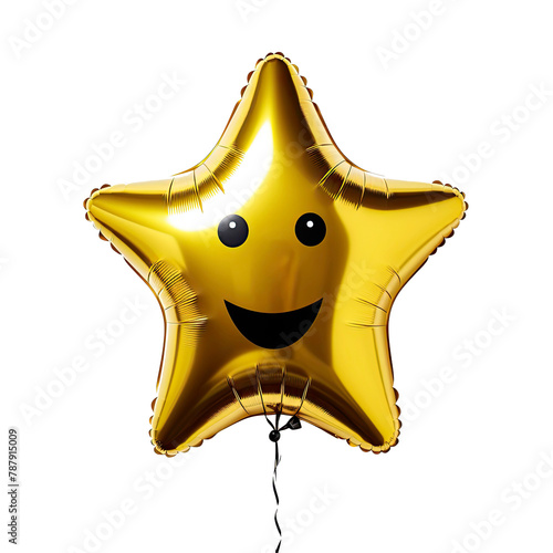 Yellow star shape Air-Filled Balloon with black color smile face on transparent background. birthday air filled balloon with cute smile face