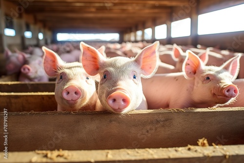 Cute piglets in a pen on a farm, selective focus.