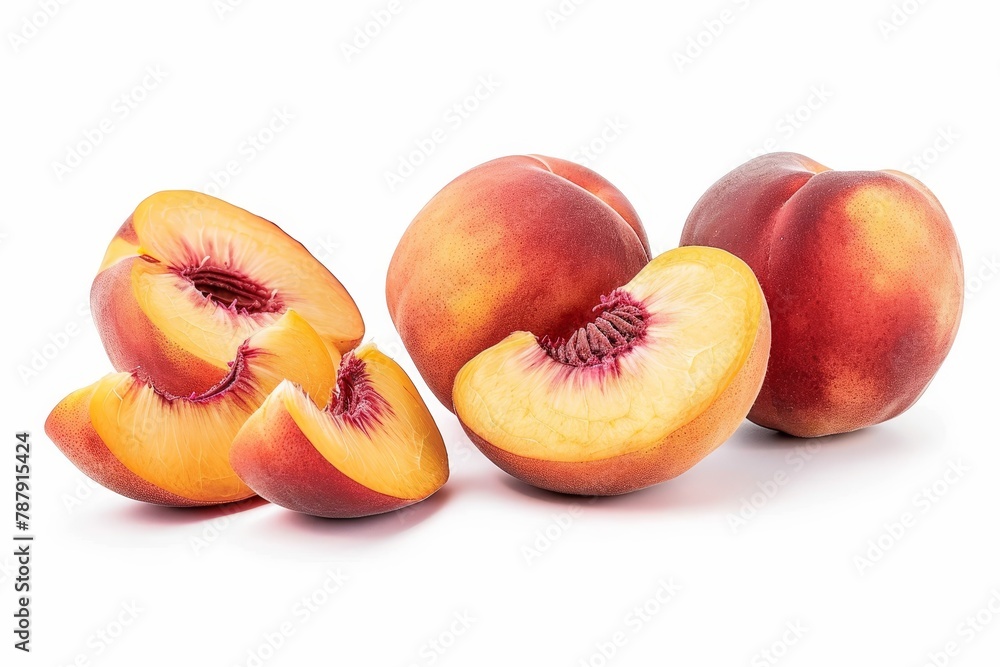 Ripe whole and sliced peaches isolated on white background Ripe whole and sliced peaches isolated on white background