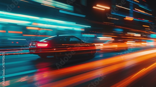 Dynamic image of a car in motion at night, showcasing vibrant light streaks and a sense of high speed.
