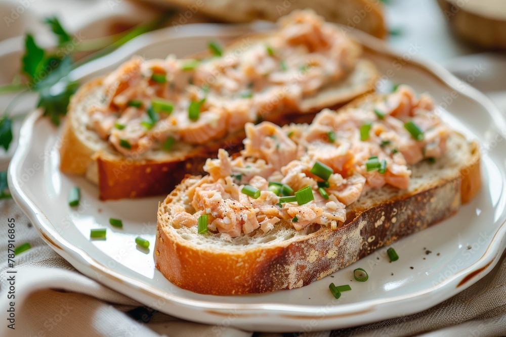 Salmon rillettes on rye toast on plate with linen tablecloth