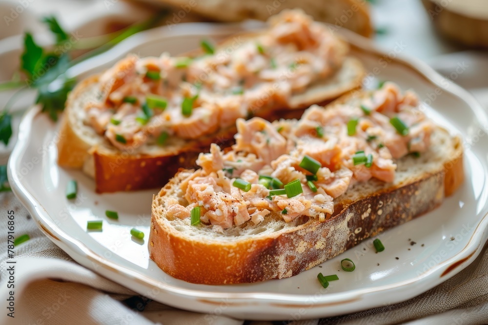 Salmon rillettes on rye toast on plate with linen tablecloth Salmon rillettes on rye toast on plate with linen tablecloth
