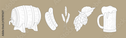 Pretzel, Beer, Hop and Sausage Hand Drawn Element Vector Set