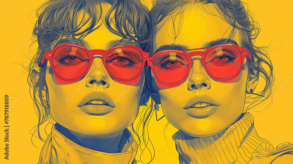 Stylized duo with red sunglasses.