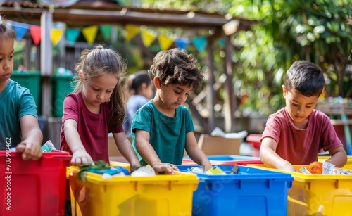 Children learning to recycle, sorting materials into colorful bins, highlighting education and involvement in environmental protection.