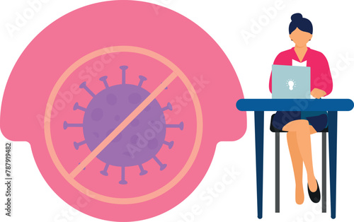 A girl is working on a virus on a laptop.