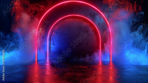 Light arch portal with neon lights. Laser led frame at concert stage. Haze and magic glitter at cyber door border. Description  Mysterious white teleport mockup with reflections.