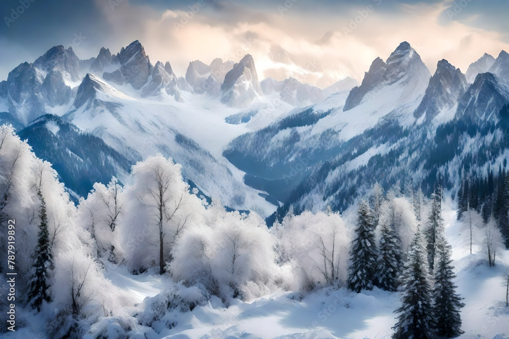Snow-draped peaks spanning the horizon, a winter panorama of quiet majesty.