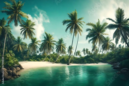 A tropical island panorama, palm trees swaying in the summer breeze against a clear sky. © Muhammad