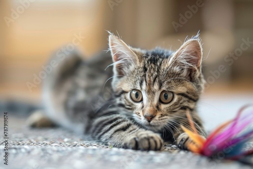 Short haired cat playing with feather toy © VolumeThings