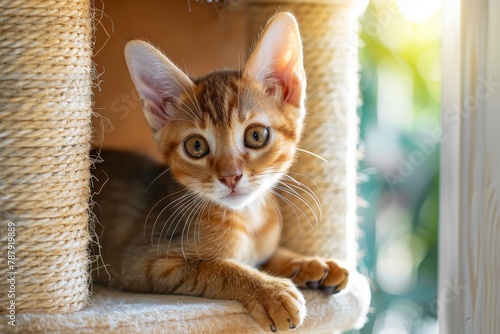 Short haired kitten Abyssinian breed sits by tower photo