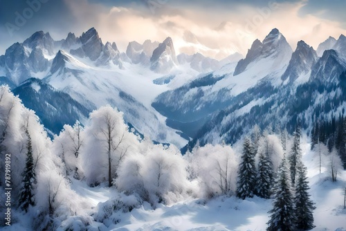 Snow-draped peaks spanning the horizon, a winter panorama of quiet majesty.
