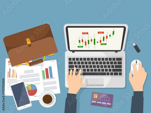 Banner web in stile piatto sul concetto di trading di azioni mobili, trading online, analisi del mercato azionario, affari e investimenti, borsa forex - illustrazioni photo
