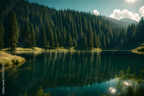 A panoramic view of a serene lake, surrounded by pine-covered hills in the heart of summer.