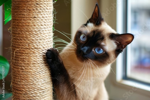 Siamese cat playing near scratching post at home