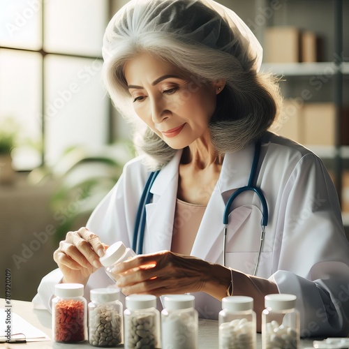 Female scientist conducts research with pills at laboratory table