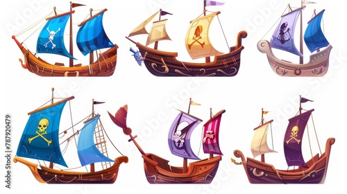 Vintage wooden sailboat set isolated on a white background. Maritime vessel with color sails, pirate ship with skull, corsair cutlass on board, adventure game vessel. photo