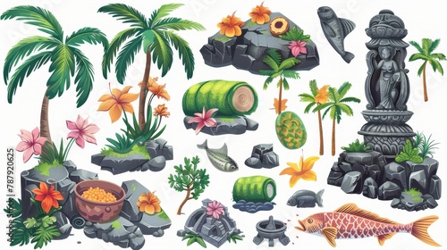 A modern cartoon illustration of South Korean island palm trees, flowers, fish roll dish, traditional stone statues, and female divers on a white background. photo