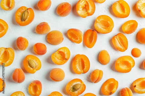 Sliced apricot on white wooden background top view