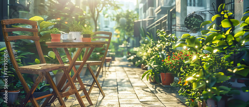 Outdoor Garden Cafe with Wooden Furniture  Sunny Summer Day  Relaxing and Picturesque Dining Area