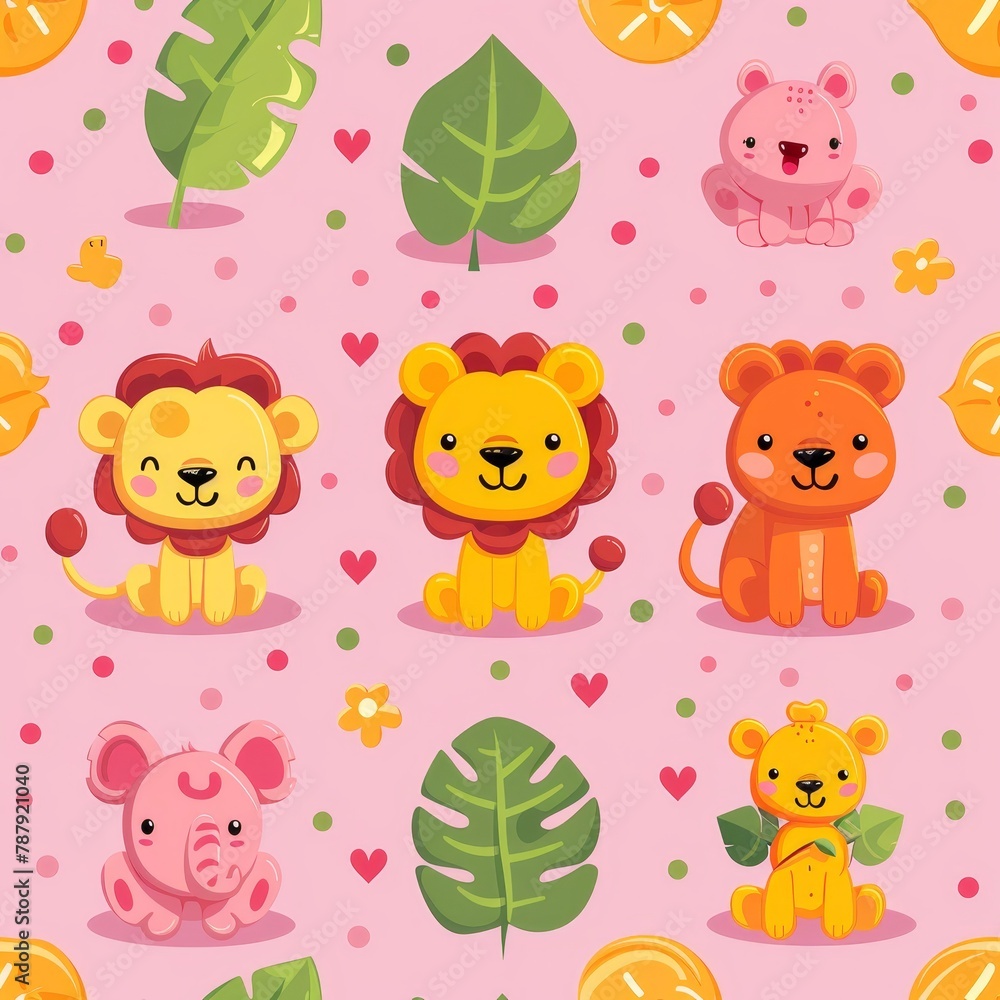 Fototapeta premium A seamless pattern with cute cartoon animals and leaves on a pink background.