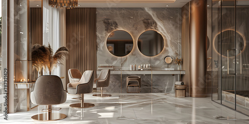  A Modern and Elegant Interior Design Showcase for Professional Salon Studios, Featuring Opulent Chairs, Neon Illumination, Luxurious Furniture, and Gleaming Marble,  Concrete Flooring   photo