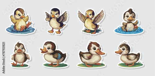 A set of cute baby ducks in various poses, sticker vector illustration. Generative AI