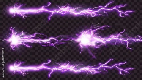 Thunderbolt strike animation sprite sheet with purple lightning, electric power impact, thunderstorm energy discharge isolated on transparent background, modern realistic set. photo
