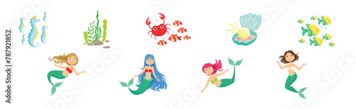 Cute Mermaid Fairy Character with Female Body and Fish Tail Vector Set