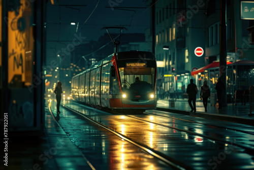 Quiet Night Scene with a Tram Gliding Along Wet City Streets Illuminated by Streetlights